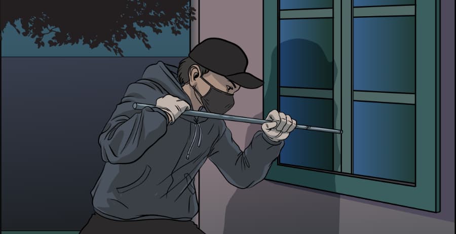 Illustration of burglar forcing entry through a window in Hartford