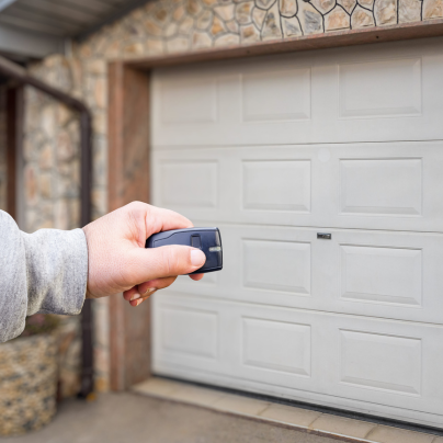 Hartford security key fob pointing to a garage door